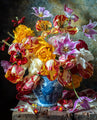 A rich still life composition of vibrant Parrot and Rembrandt tulips in shades of gold, red, white, and lilac, arranged in an antique blue-and-white vase. The petals have dramatic ruffled edges and painterly streaks, with fallen blossoms scattered on a rustic wooden table.